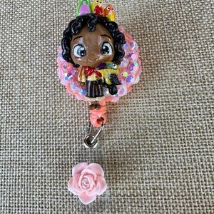 Pink Character Badge Reel Key & Card Holder with Rose Charm
